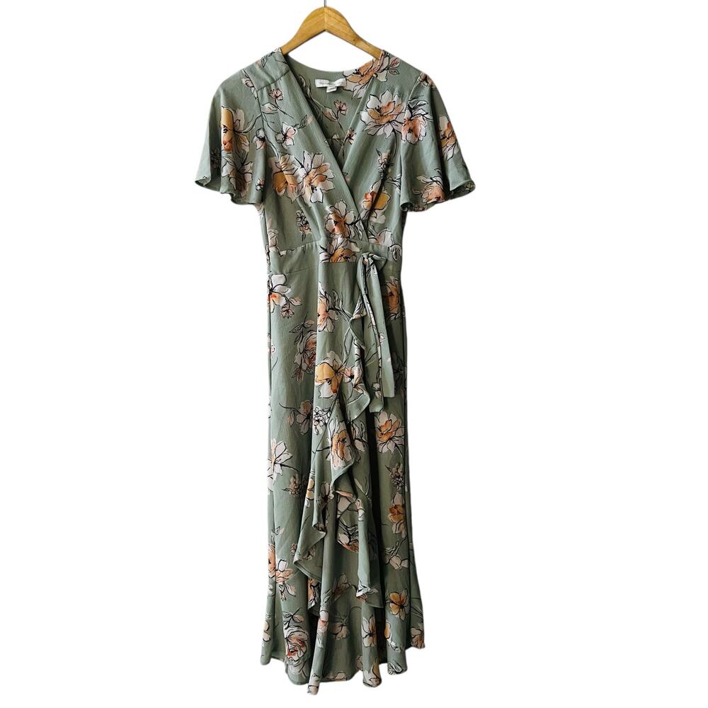 Monteau Mint Green Floral Faux Wrap Ruffle Dress Size M Medium